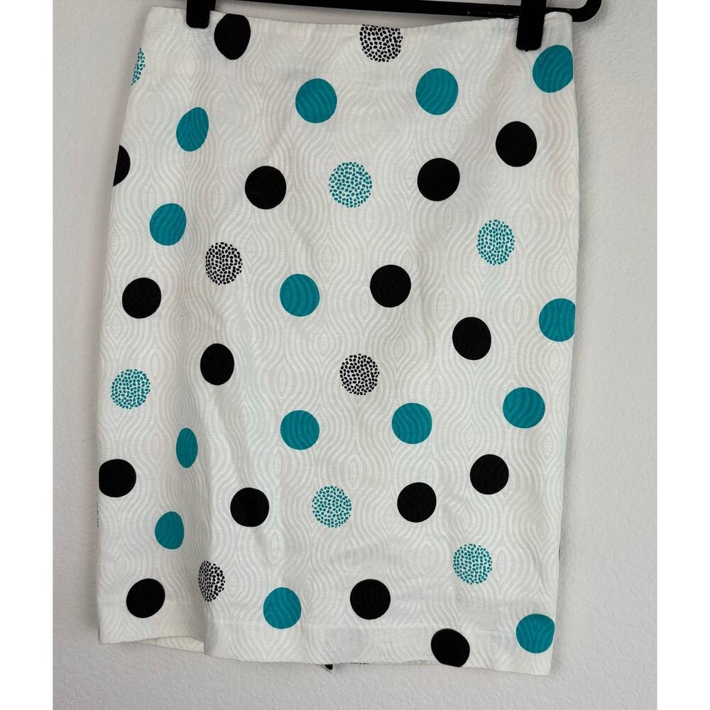 Talbots Pencil Knee Length White Green Polka Dot Skirt Sz 8 Cotton Old Money